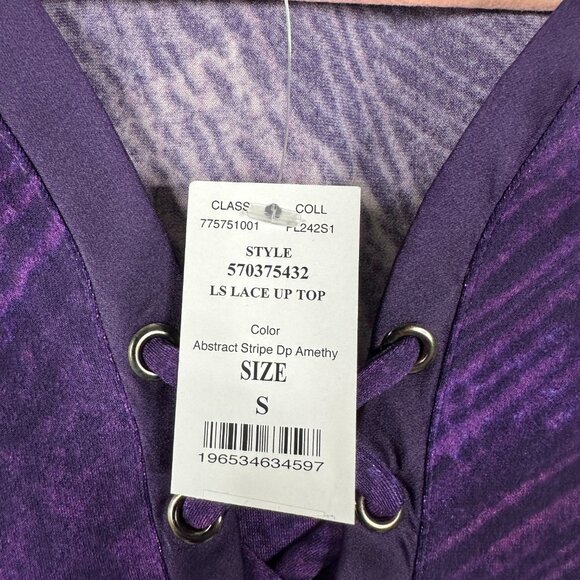 NWT White House Black Market Long Sleeve Lace Up Top Abstract Deep Amethy #WHBM7 - Picture 5 of 9